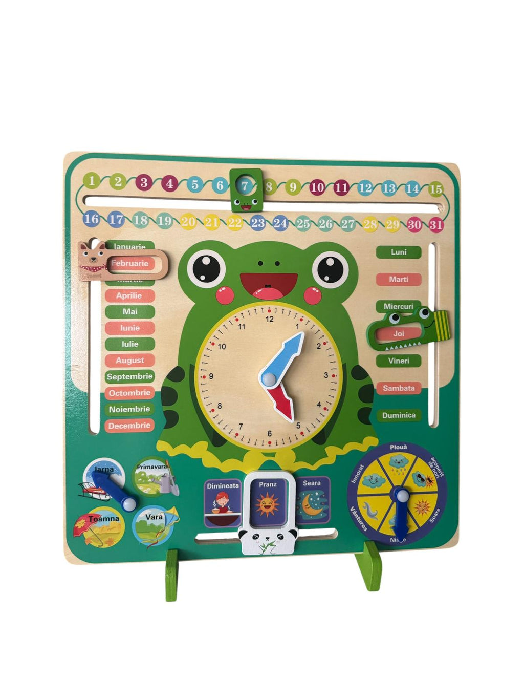 Ceas Calendar Multifuncțional din Lemn pentru Copii – Model Broscuță Educativă, 36+ luni