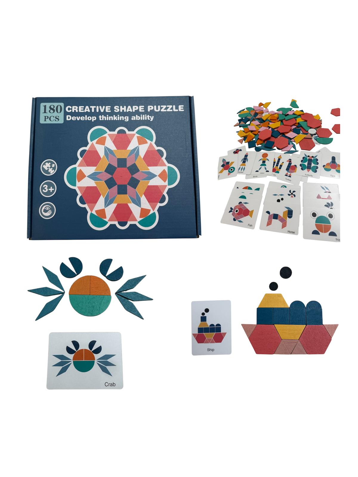 Puzzle creativ și educativ – 180 piese forme geometrice din lemn, 3+ ani
