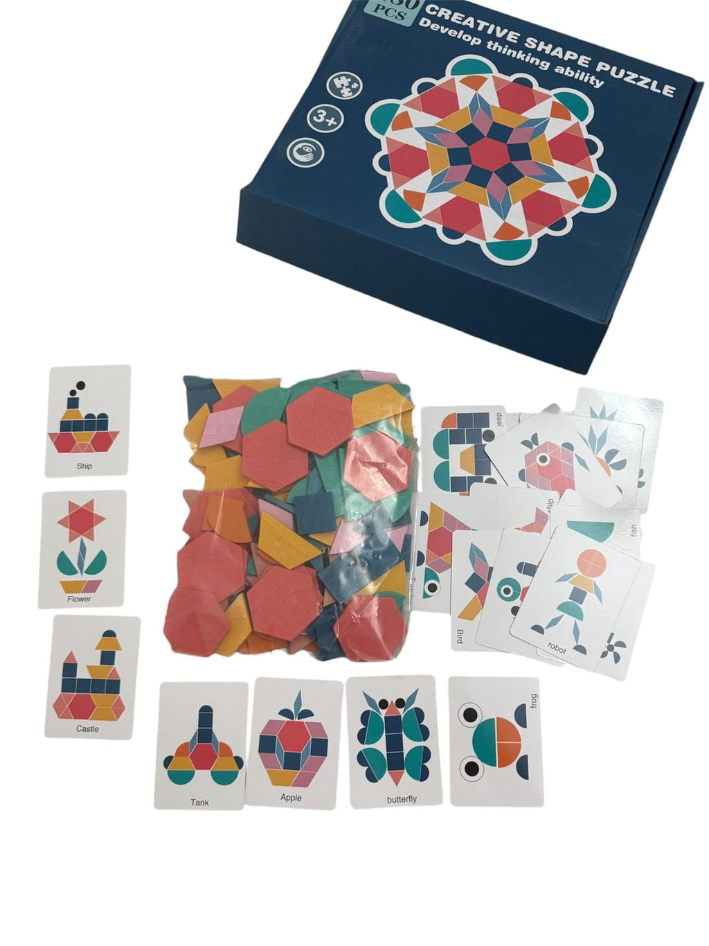 Puzzle creativ și educativ – 180 piese forme geometrice din lemn, 3+ ani