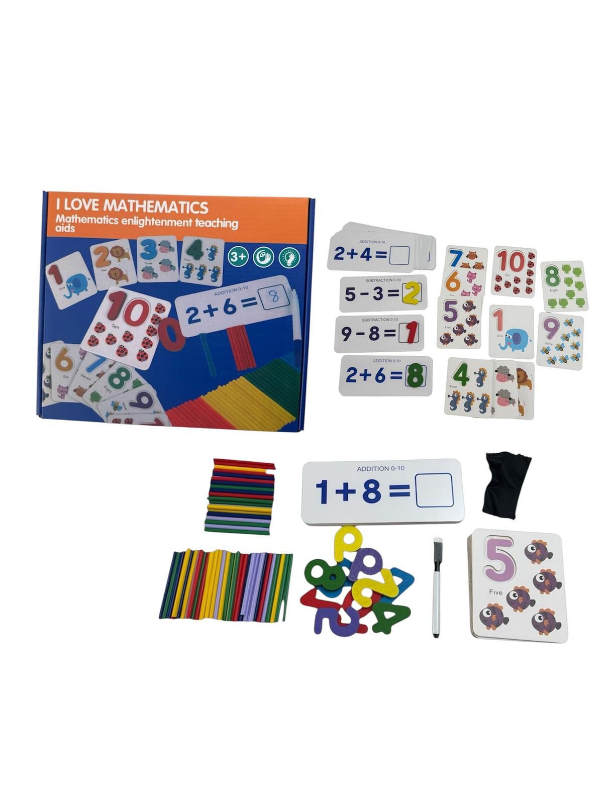 Set Educativ și Interactiv Matematică – Adunări și scăderi, cu bețișoare și cartonașe, 3+ ani