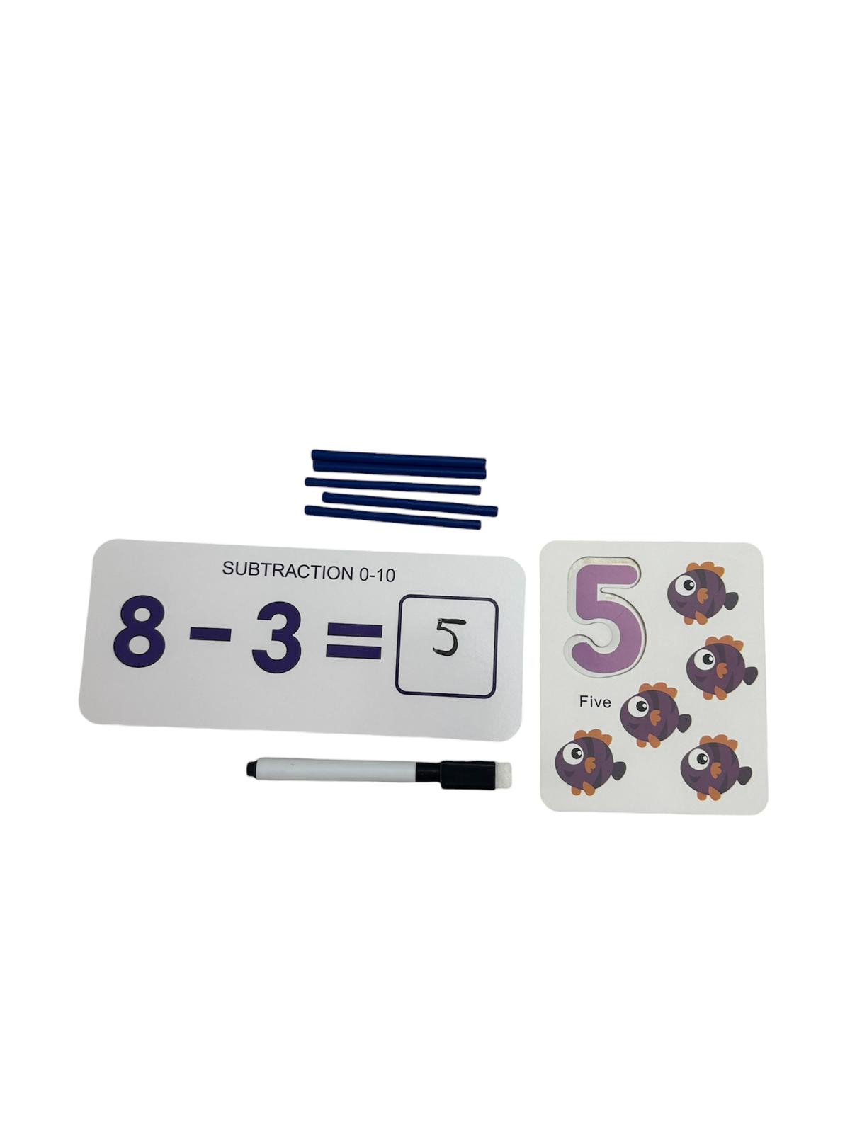 Set Educativ și Interactiv Matematică – Adunări și scăderi, cu bețișoare și cartonașe, 3+ ani