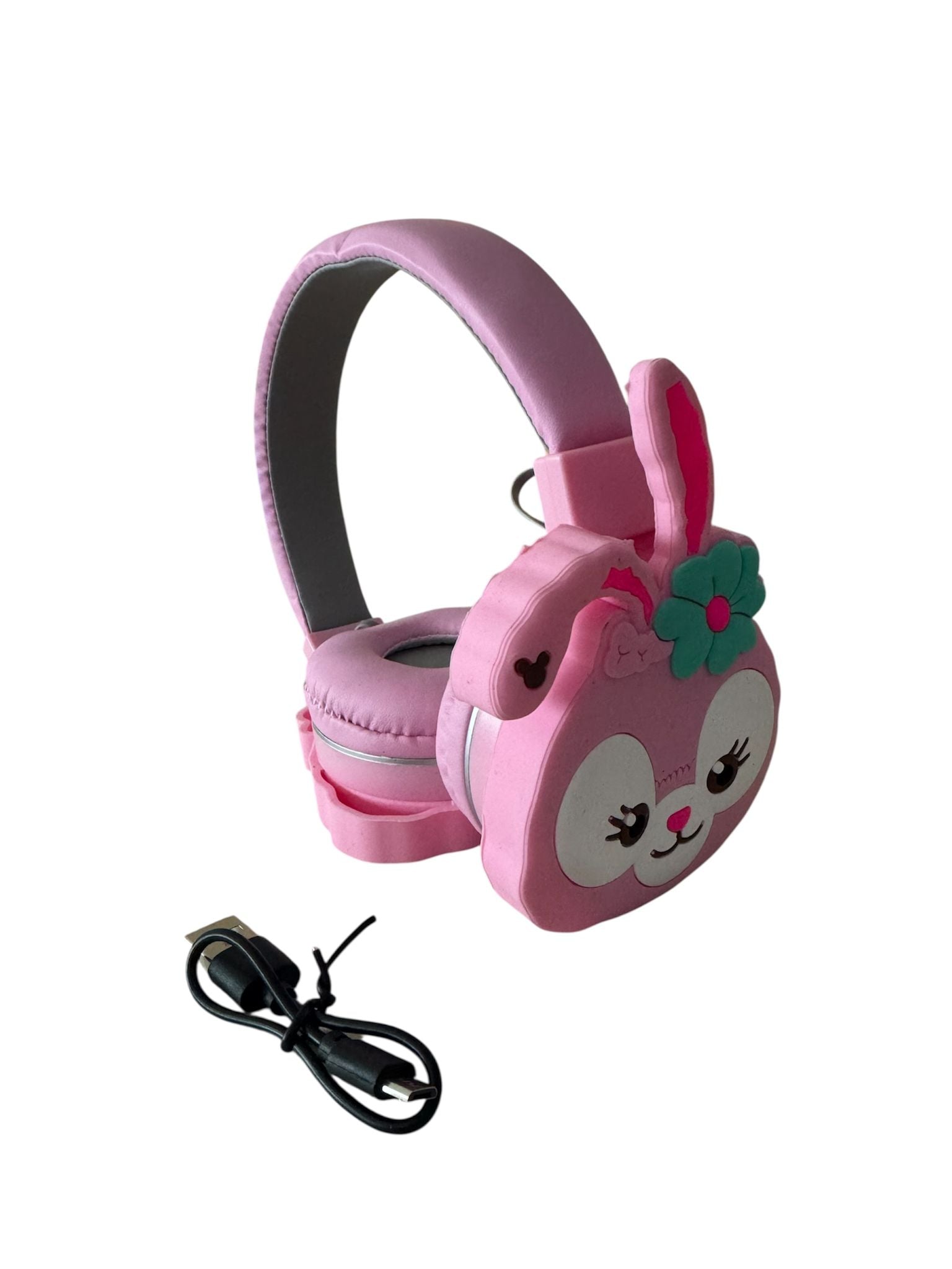 Căști Bluetooth 5.3 pentru Copii, model Iepuraș, 40 mm, microfon integrat, Super Bass, roz