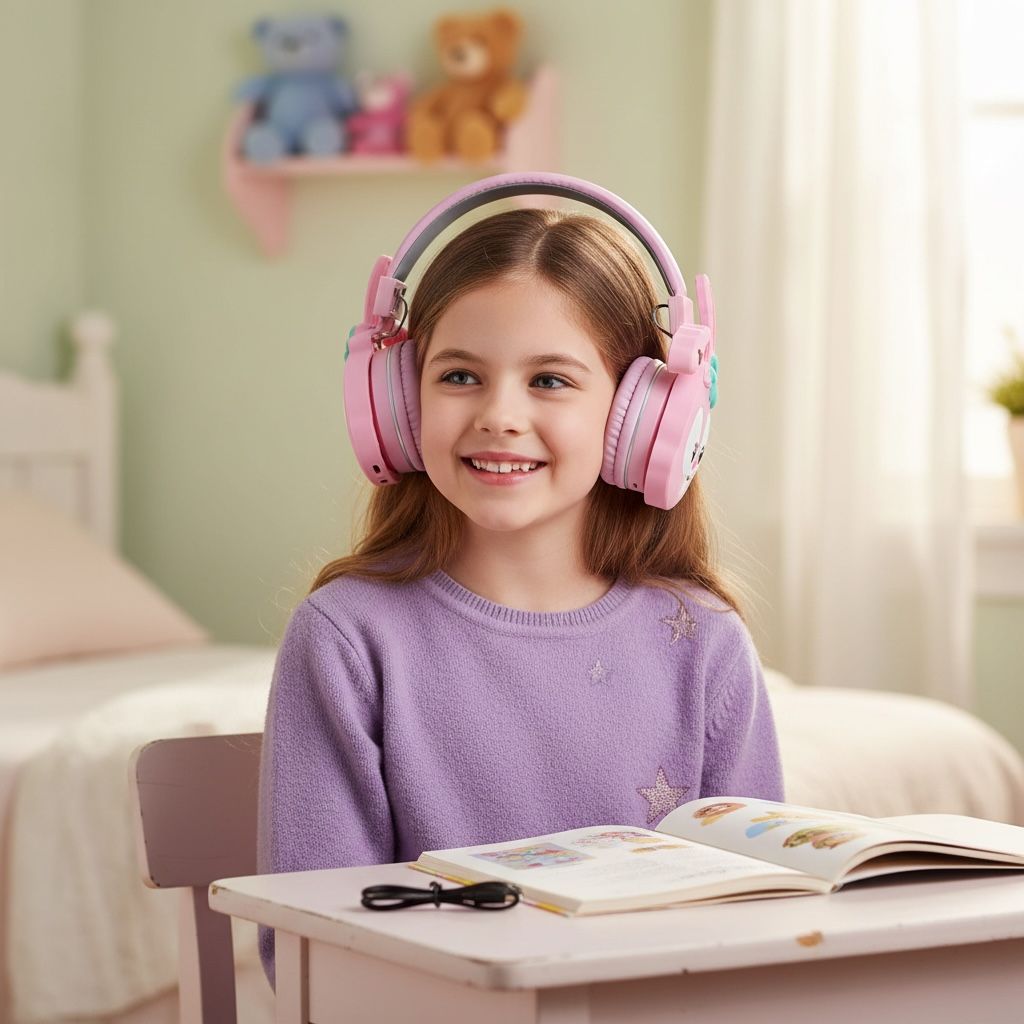Căști Bluetooth 5.3 pentru Copii, model Iepuraș, 40 mm, microfon integrat, Super Bass, roz