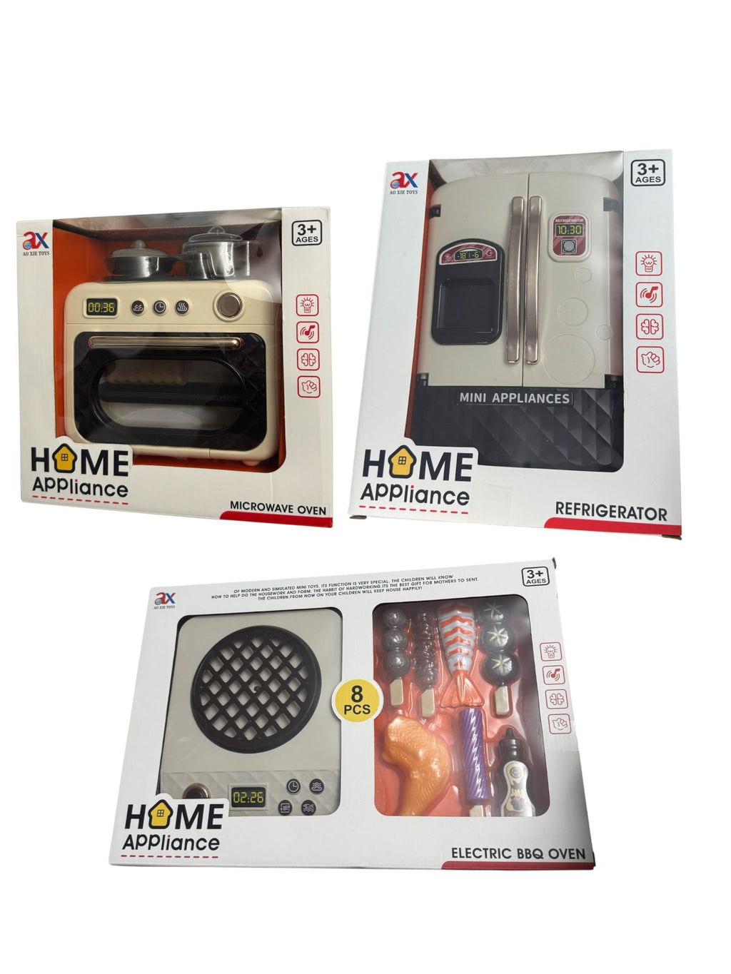 Set complet electrocasnice de jucărie Home Appliance – Frigider, Aragaz și Plită electrică cu lumini și sunete