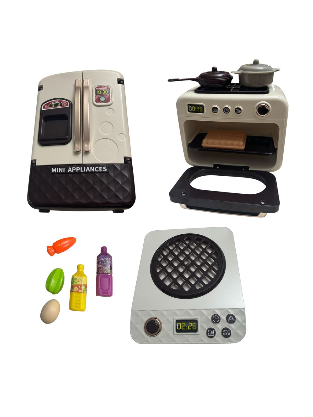 Set complet electrocasnice de jucărie Home Appliance – Frigider, Aragaz și Plită electrică cu lumini și sunete