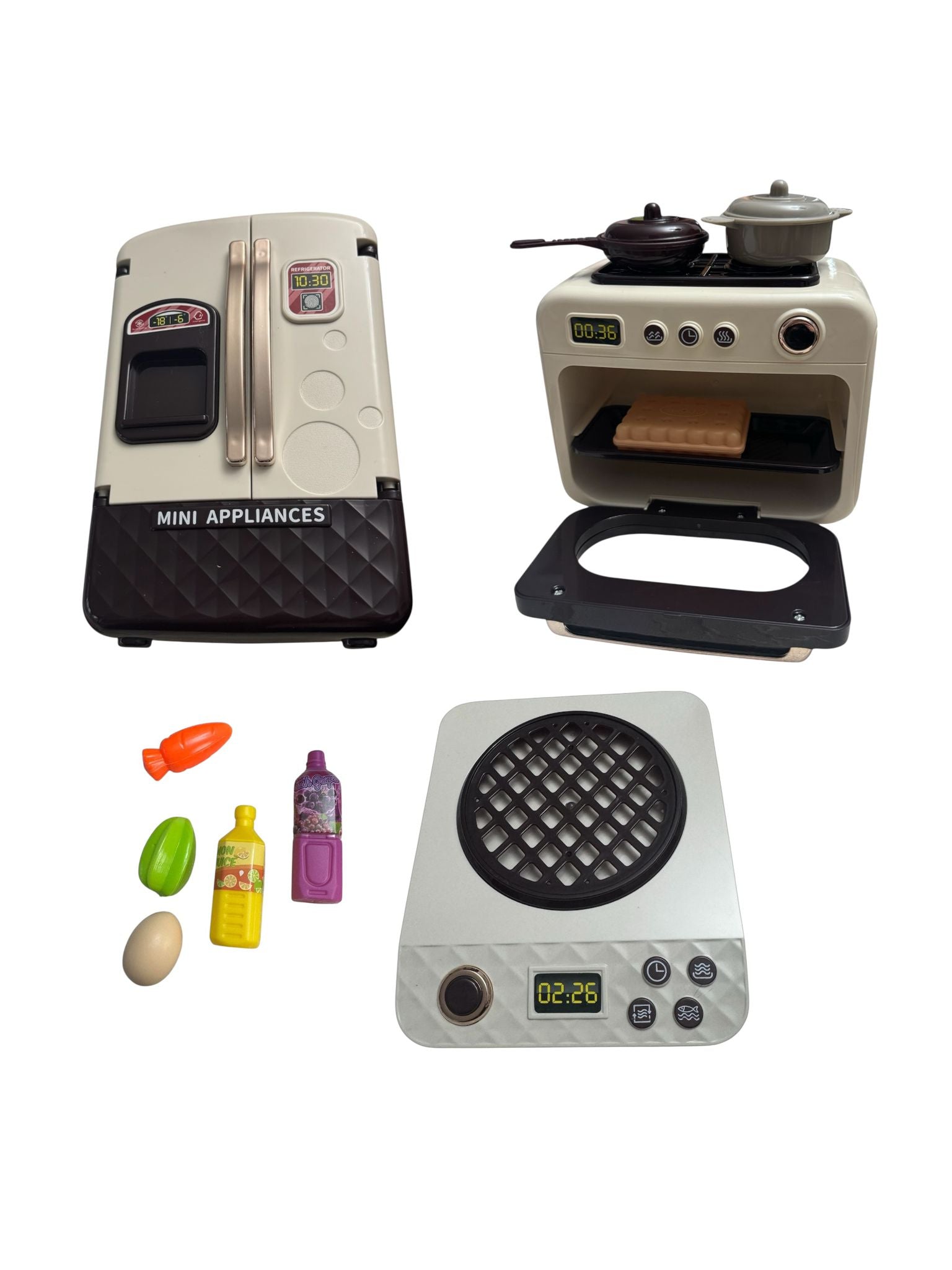Set complet electrocasnice de jucărie Home Appliance – Frigider, Aragaz și Plită electrică cu lumini și sunete