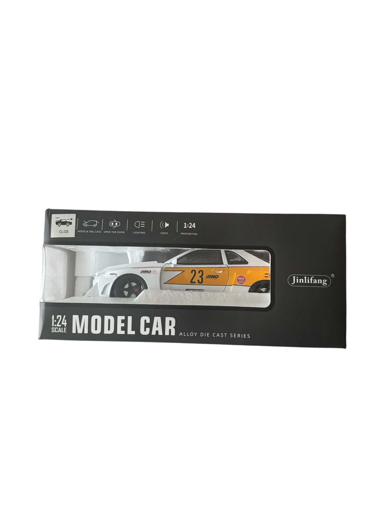 Mașină de colecție sport metalică 1:24 cu lumini și sunete, model racing cu portbagaj și uși funcționale