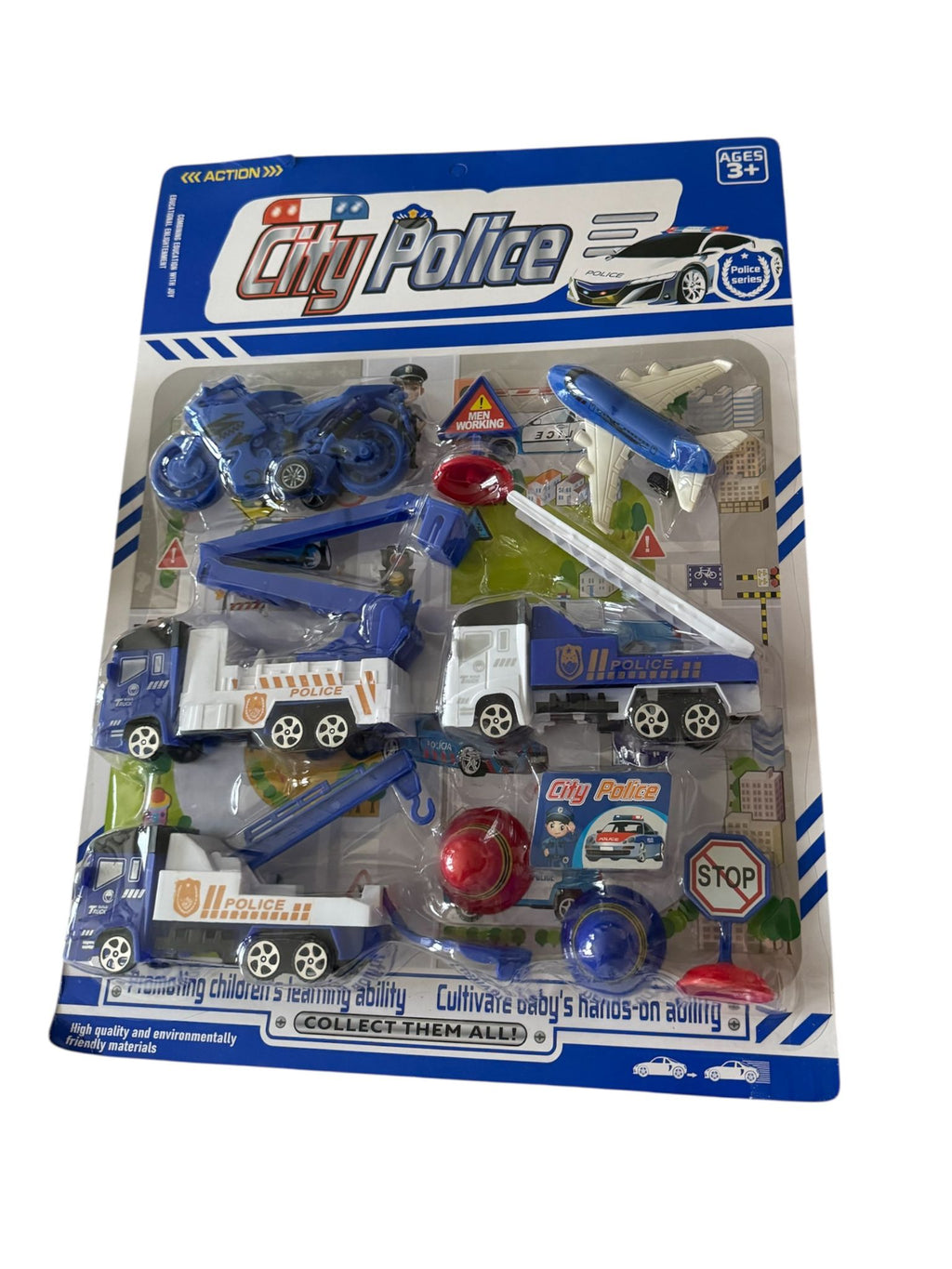 Set jucării interactive Poliție pentru copii, vehicule poliție, motocicletă, avion și accesorii
