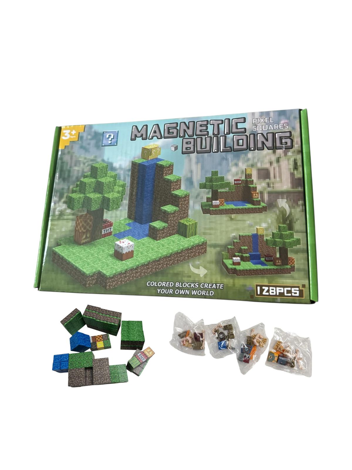 Set construcție interactiv Magnetic Cube Building, 128 piese magnetice, figurine incluse, joc creativ tip pixel, 3+