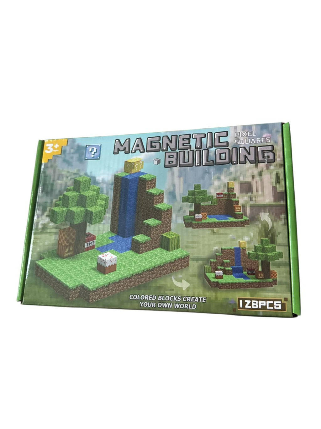Set construcție interactiv Magnetic Cube Building, 128 piese magnetice, figurine incluse, joc creativ tip pixel, 3+