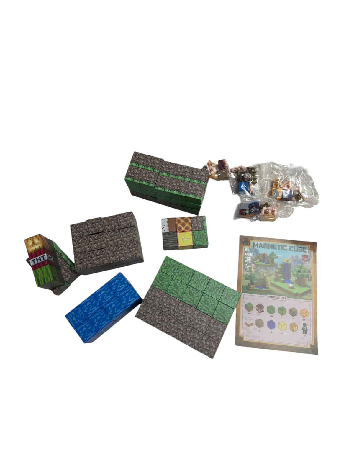 Set construcție interactiv Magnetic Cube Building, 128 piese magnetice, figurine incluse, joc creativ tip pixel, 3+