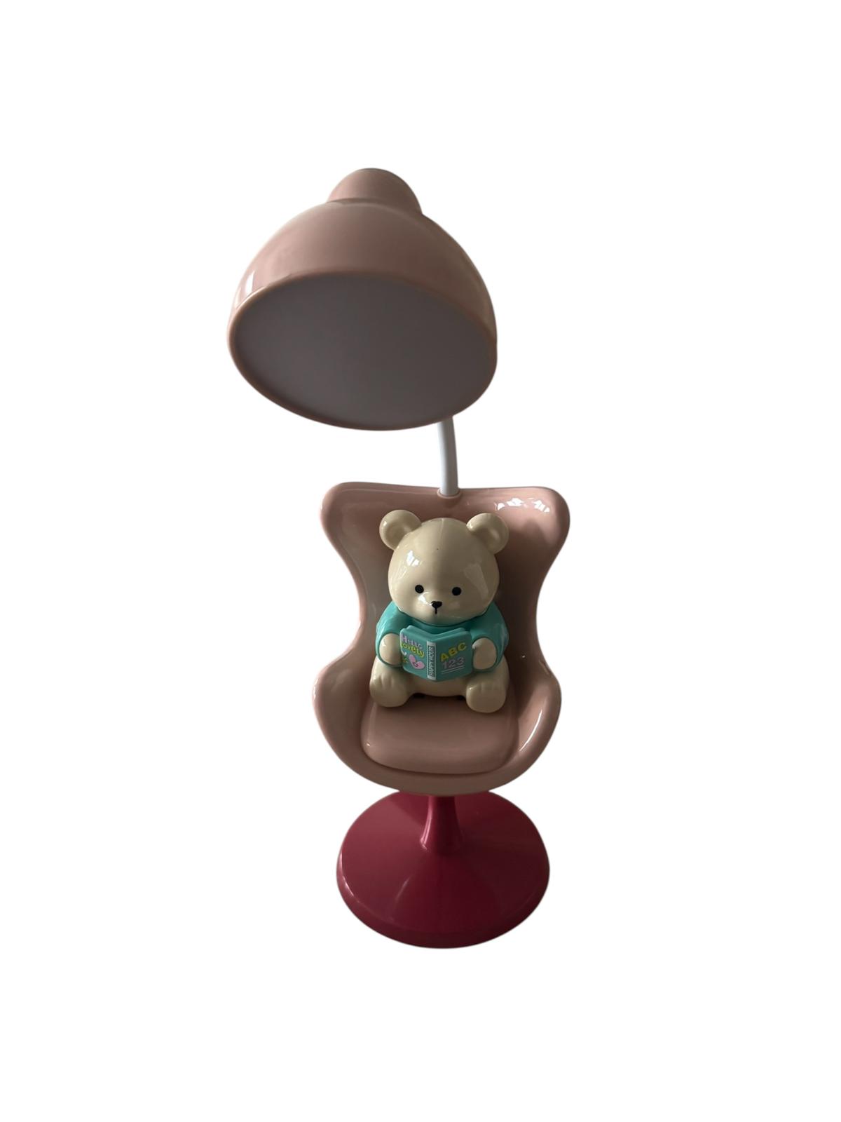 Lampă LED de birou pentru Copii cu Ursuleț, 3 trepte intensitate, încărcare USB, gât flexibil 360°, Roz