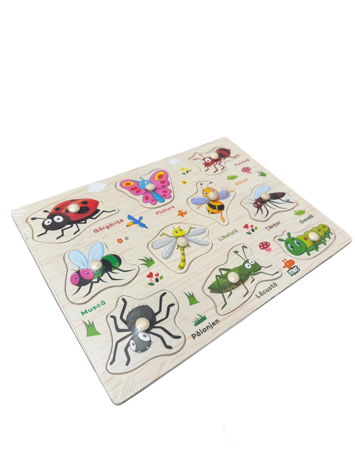 Puzzle din lemn cu butoni – Joc educativ Insecte, în limba română, 3+ ani, multicolor