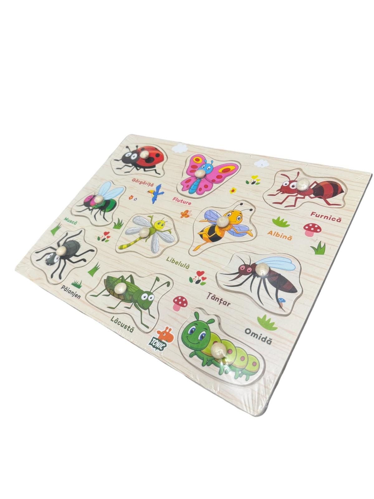 Puzzle din lemn cu butoni – Joc educativ Insecte, în limba română, 3+ ani, multicolor