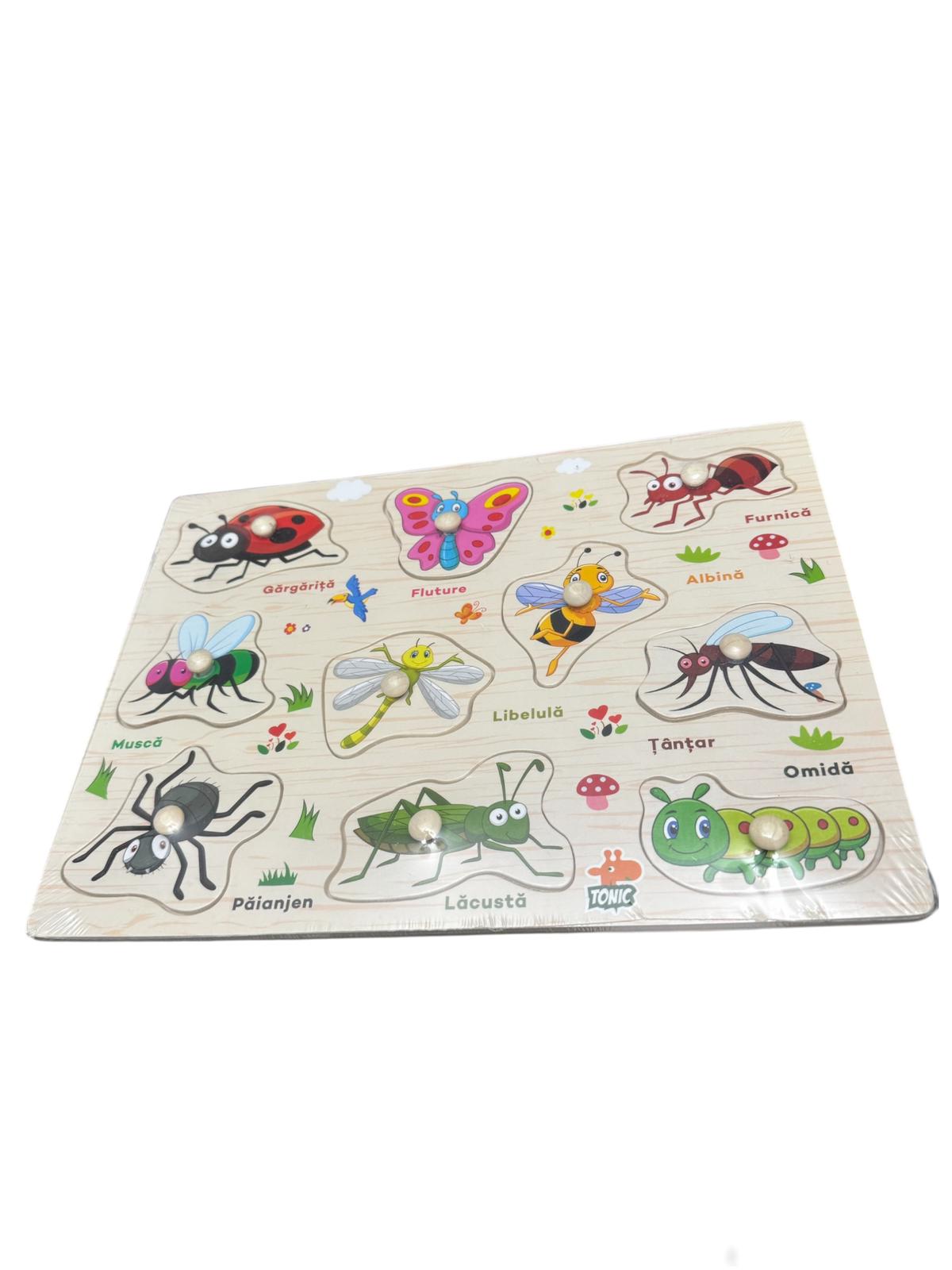 Puzzle din lemn cu butoni – Joc educativ Insecte, în limba română, 3+ ani, multicolor