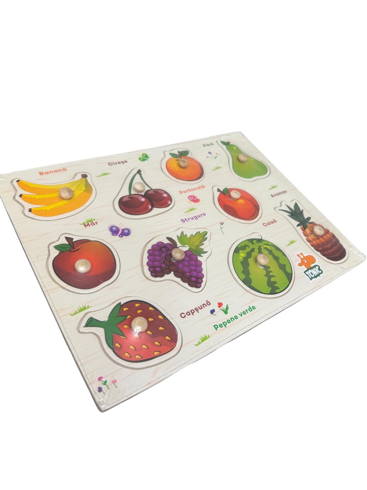 Puzzle din lemn cu butoni – Joc educativ Fructe, în limba română, 3+ ani, Montessori, multicolor
