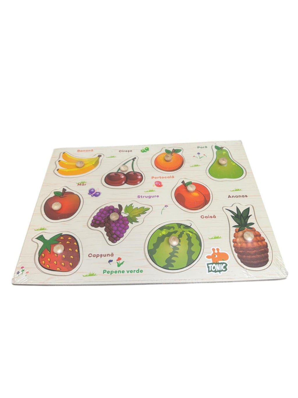 Puzzle din lemn cu butoni – Joc educativ Fructe, în limba română, 3+ ani, Montessori, multicolor