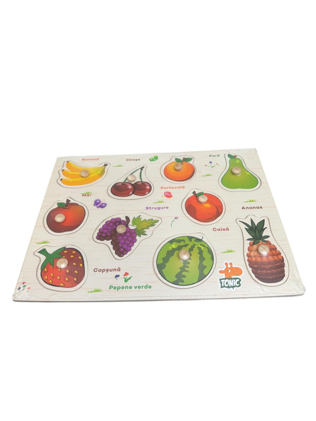 Puzzle din lemn cu butoni – Joc educativ Fructe, în limba română, 3+ ani, Montessori, multicolor
