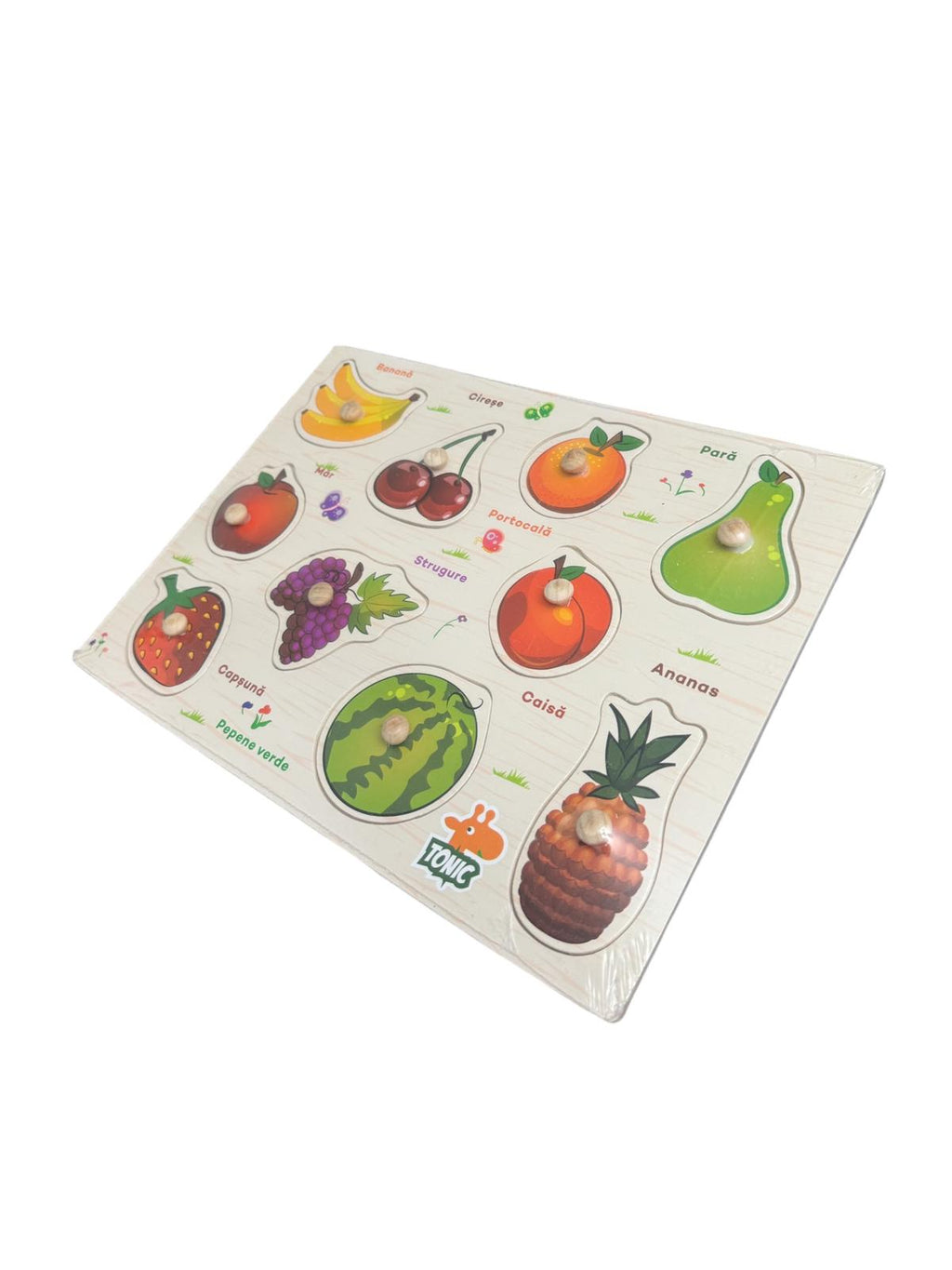 Puzzle din lemn cu butoni – Joc educativ Fructe, în limba română, 3+ ani, Montessori, multicolor