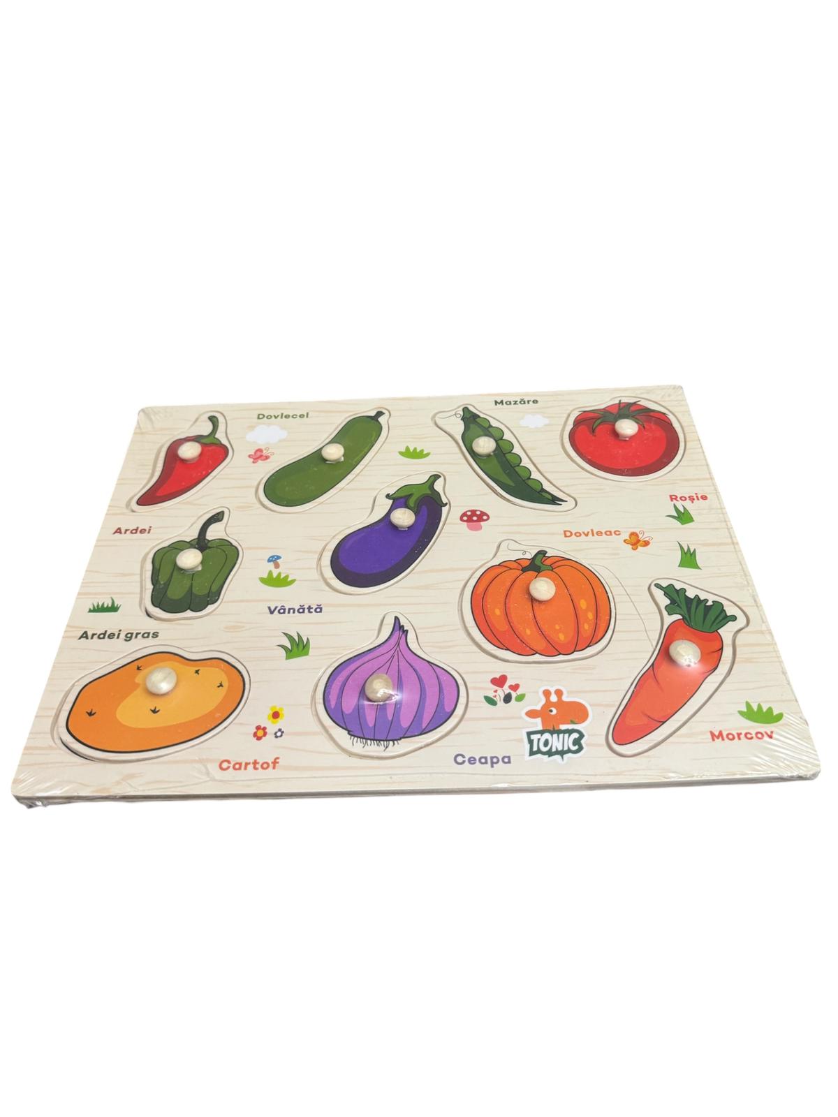 Puzzle din lemn cu butoni – Joc educativ Legume, în limba română, 3+ ani, Montessori, multicolor