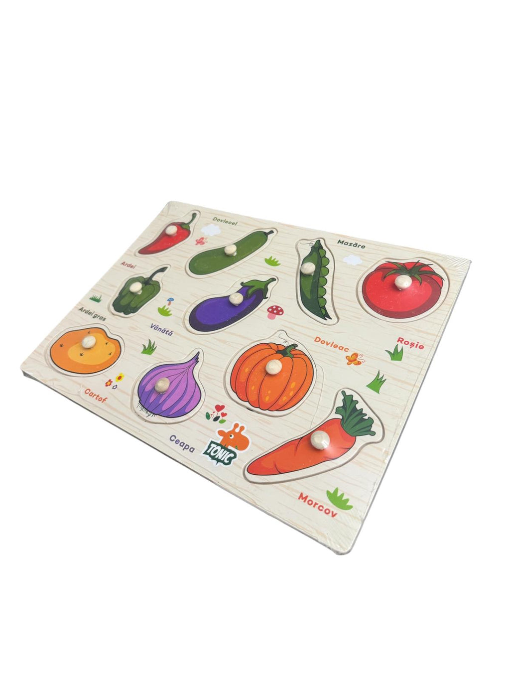 Puzzle din lemn cu butoni – Joc educativ Legume, în limba română, 3+ ani, Montessori, multicolor