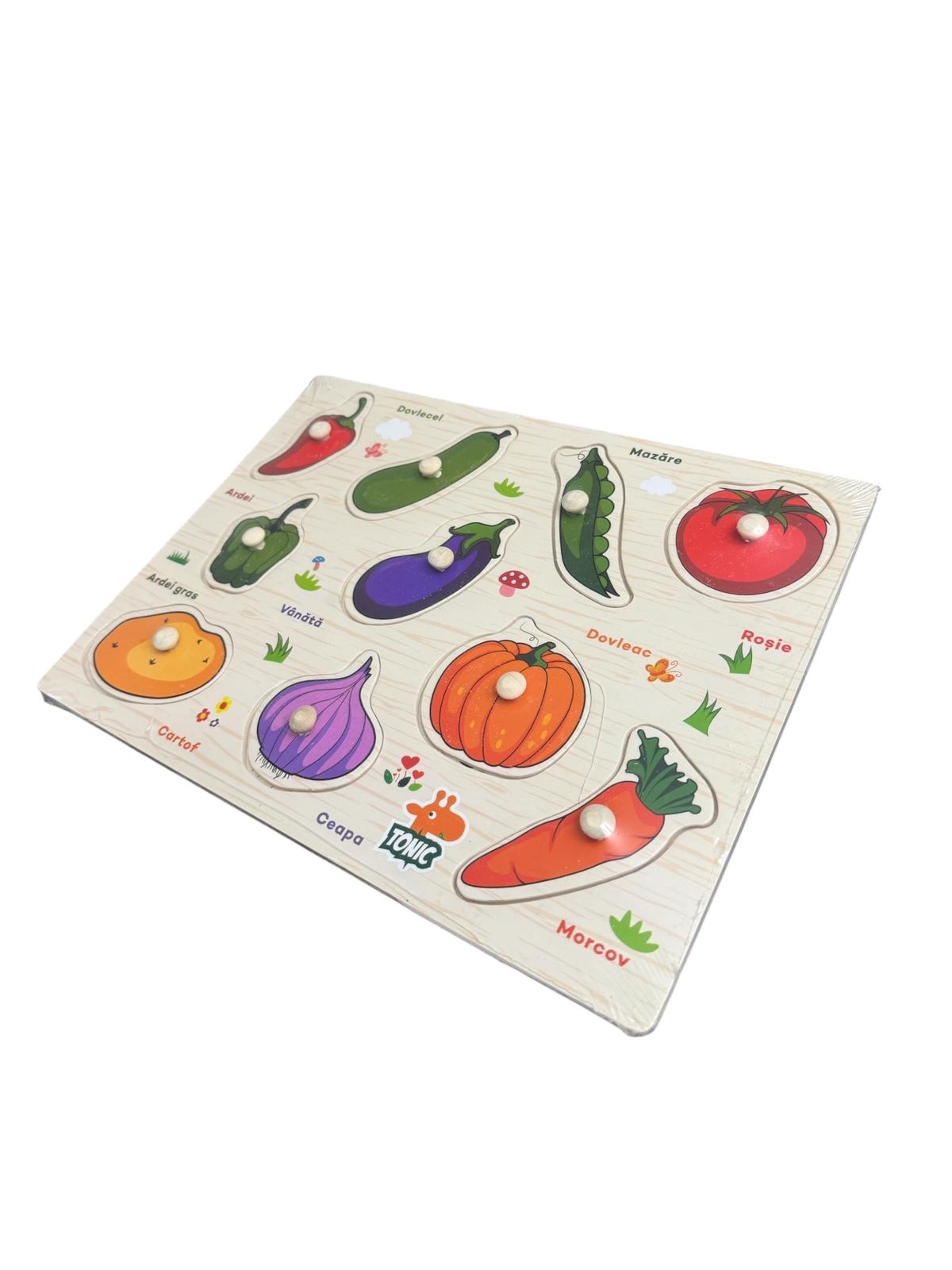 Puzzle din lemn cu butoni – Joc educativ Legume, în limba română, 3+ ani, Montessori, multicolor