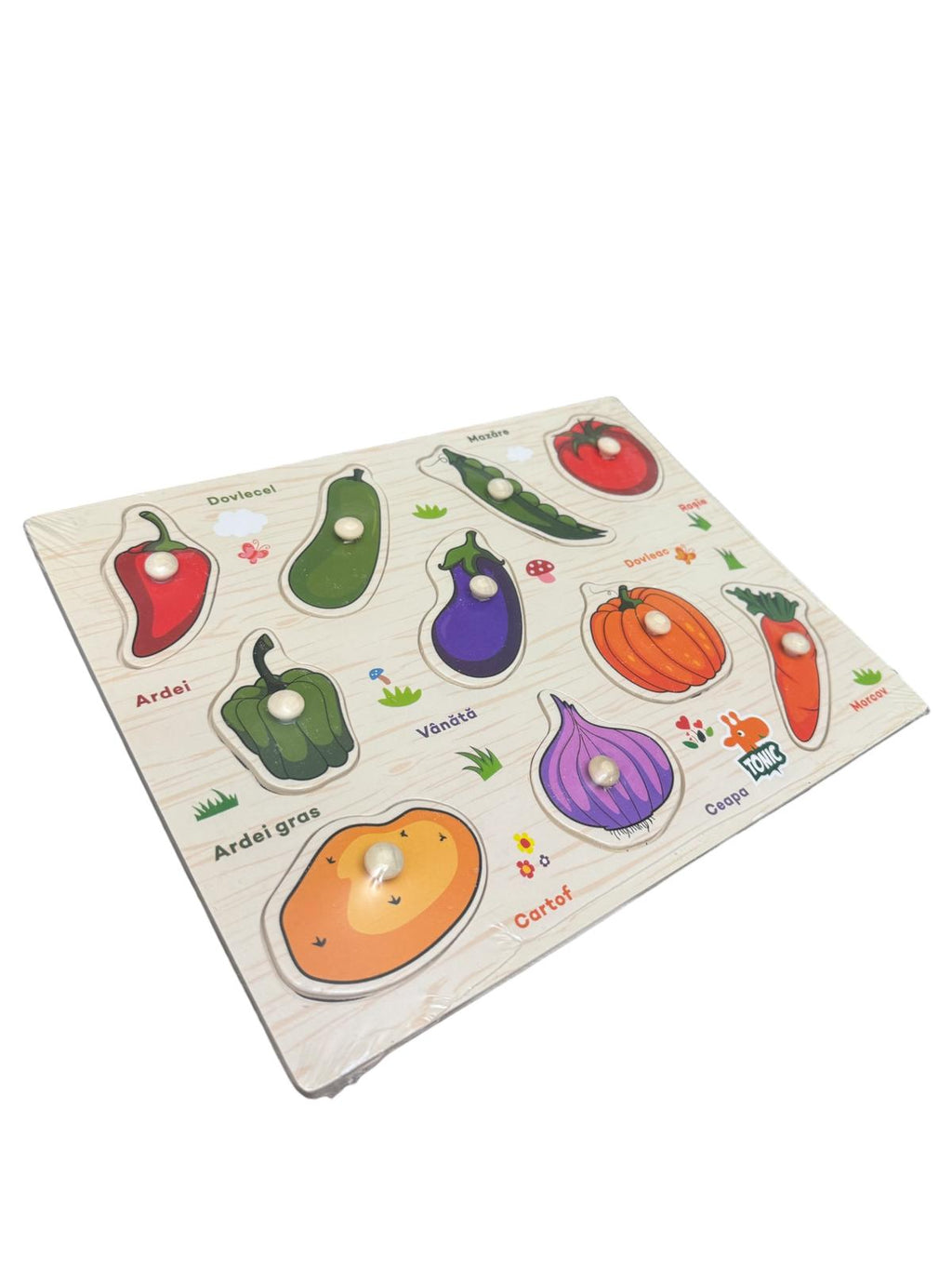 Puzzle din lemn cu butoni – Joc educativ Legume, în limba română, 3+ ani, Montessori, multicolor