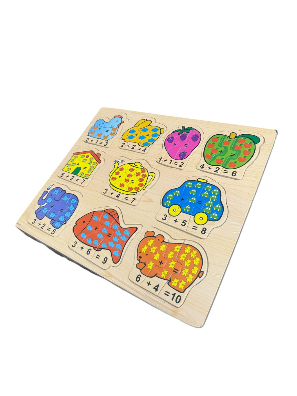 Puzzle din lemn educativ copii, tablă învățare adunări, tăbliță matematică cu cifre și imagini, Montessori, 3+ ani