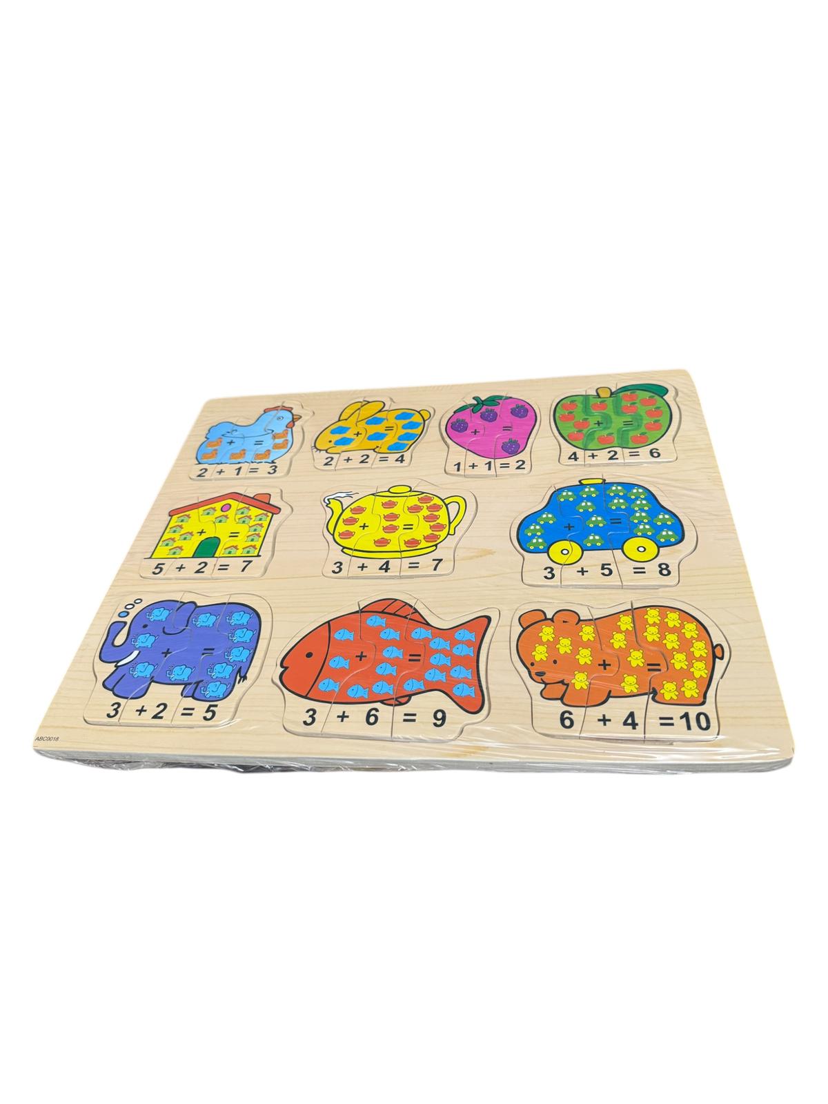 Puzzle din lemn educativ copii, tablă învățare adunări, tăbliță matematică cu cifre și imagini, Montessori, 3+ ani
