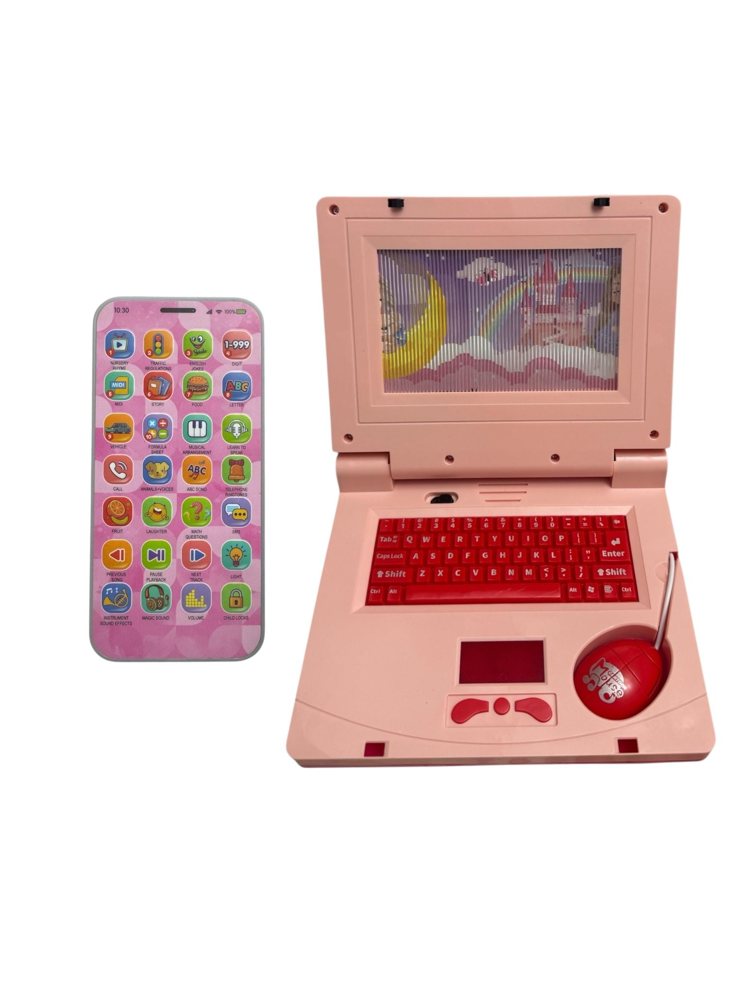 Set Cadou interactiv pentru copii – Telefon Learning Phone + Laptop educativ cu tastatură și mouse, Roz, 3+ ani