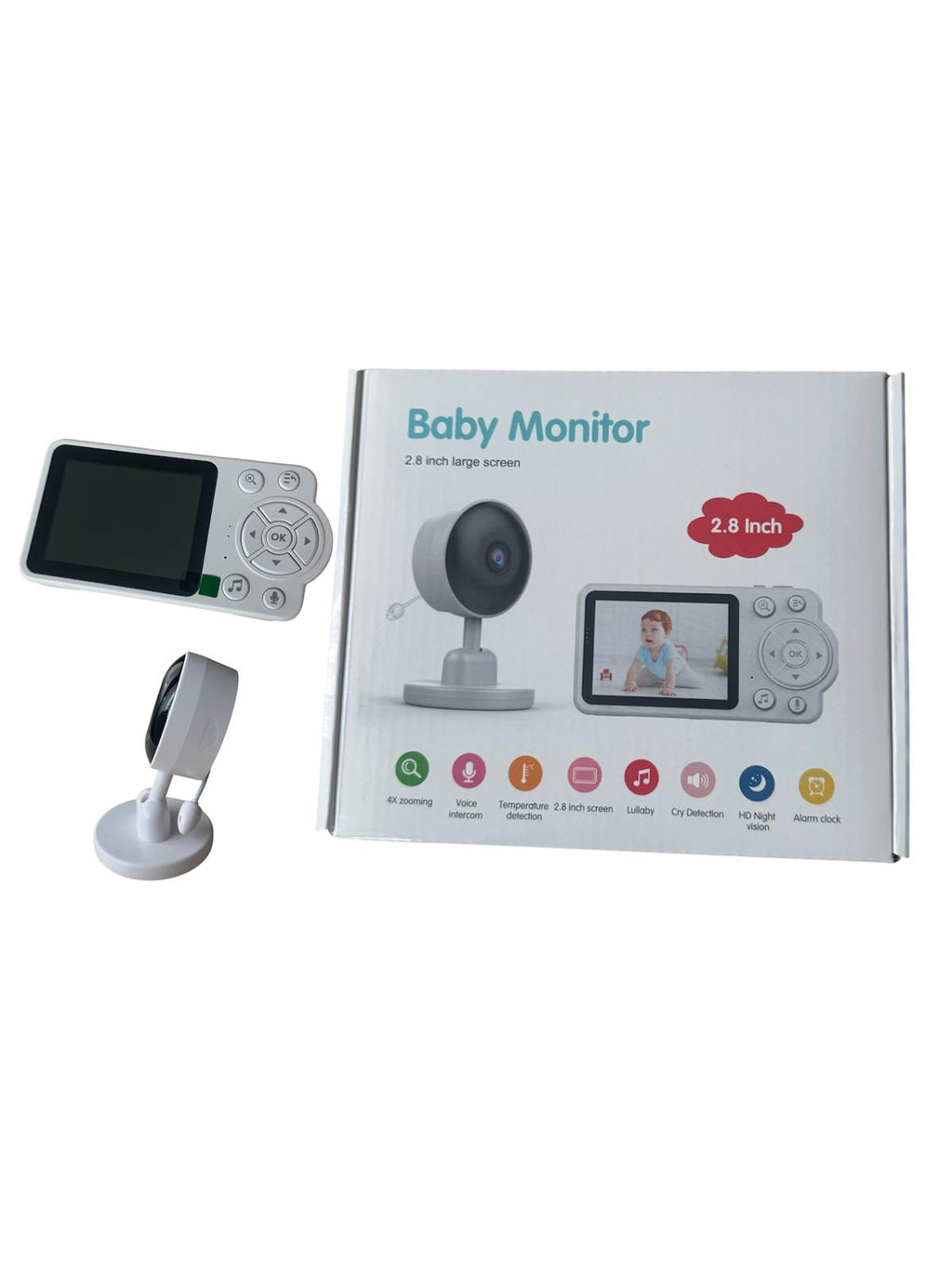 Monitor Bebe Wireless cu Cameră și Ecran LCD 2.8 Inch, Night Vision, Audio Bidirecțional, Temperatură, Zoom 4X, Alarmă, Alb