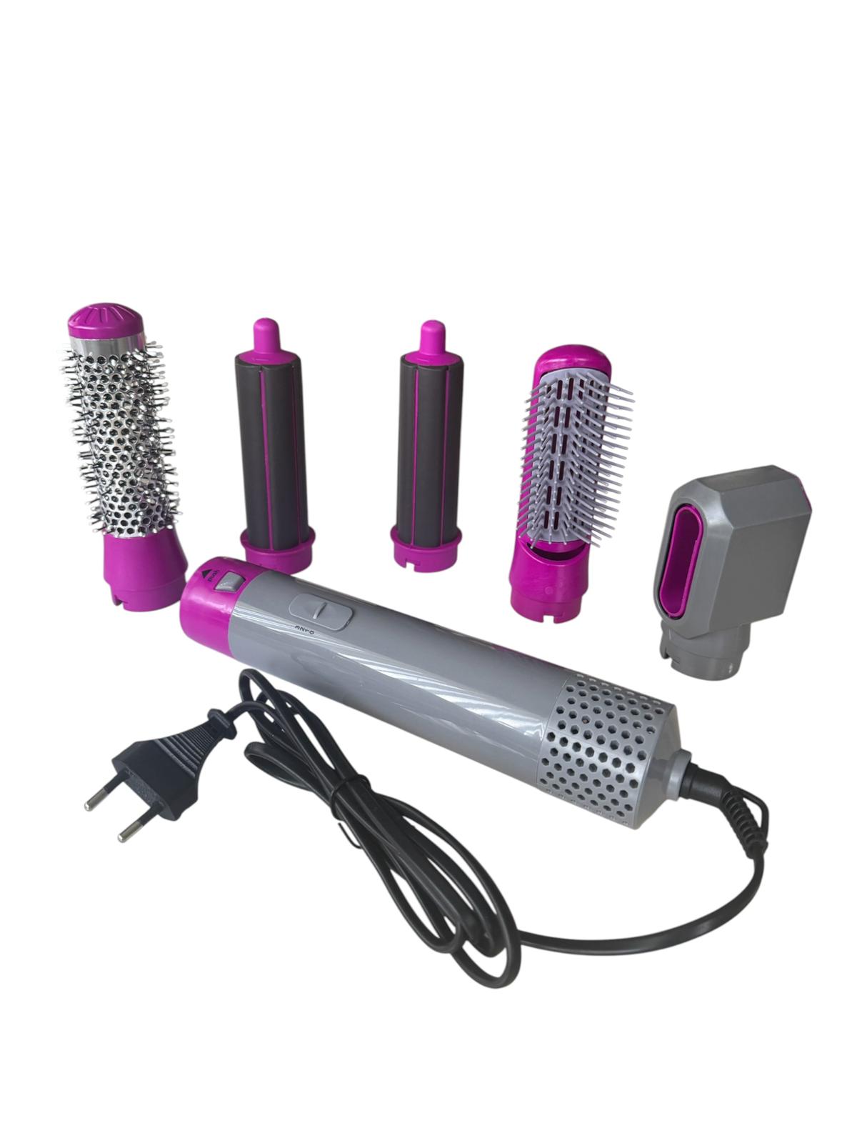 Perie Rotativă cu Aer Cald 5 în 1, Hot Air Styler, 1000W, 4 Accesorii, Ondulator și Uscare, Roz/Gri