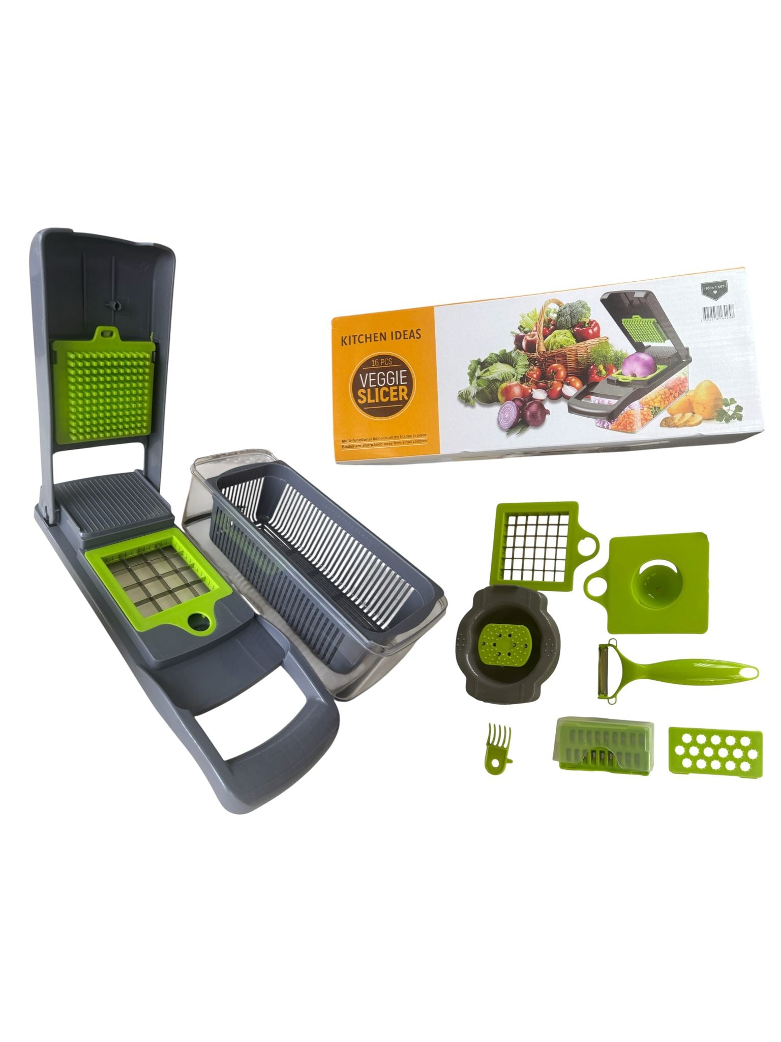 Tocător Multifuncțional pentru Legume și Fructe, 16 Piese, Recipient Colector, Feliere / Răzuire / Cuburi
