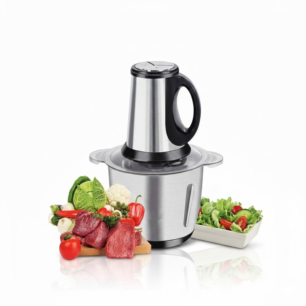 Tocator Electric 5L, 1000W, Bol Inox, Multifuncțional pentru Carne, Legume și Fructe, 3 Trepte Viteză